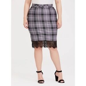 NEW Torrid Gray Plaid‎ Pull On Mini Studio Luxe Ponte Lace Trim Pencil Skirt